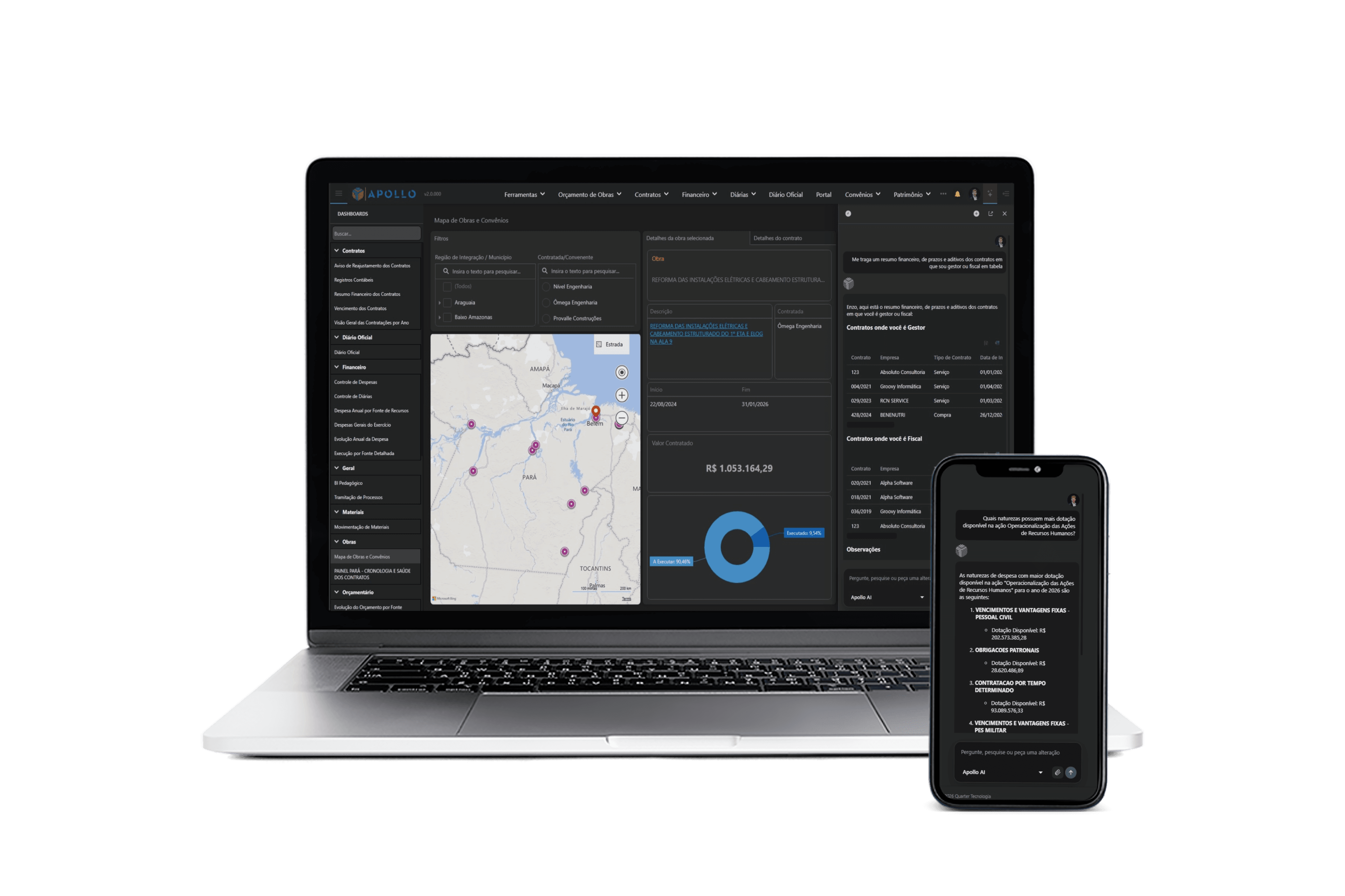 Apollo no notebook e no celular, com mapa de obras, painel financeiro e Apollo AI